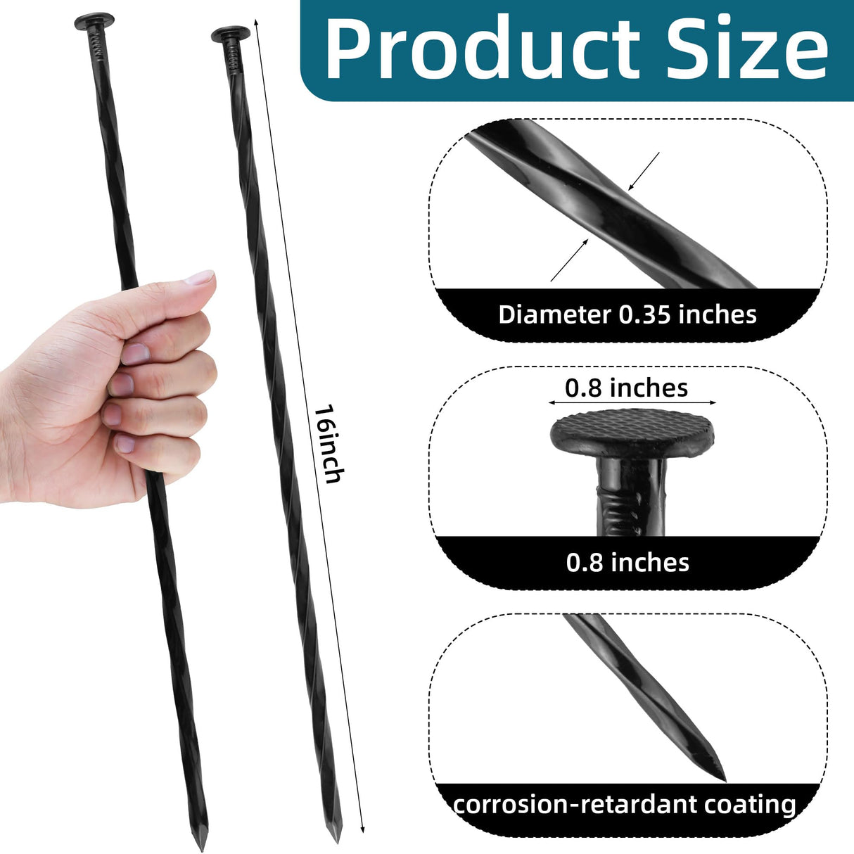POSEOFFR 16 Inch Spiral Landscape Stakes, 12 Pack Heavy Duty Metal Ground Anchor Spikes for Paver Edging, Weed Barrier, Camping Tent