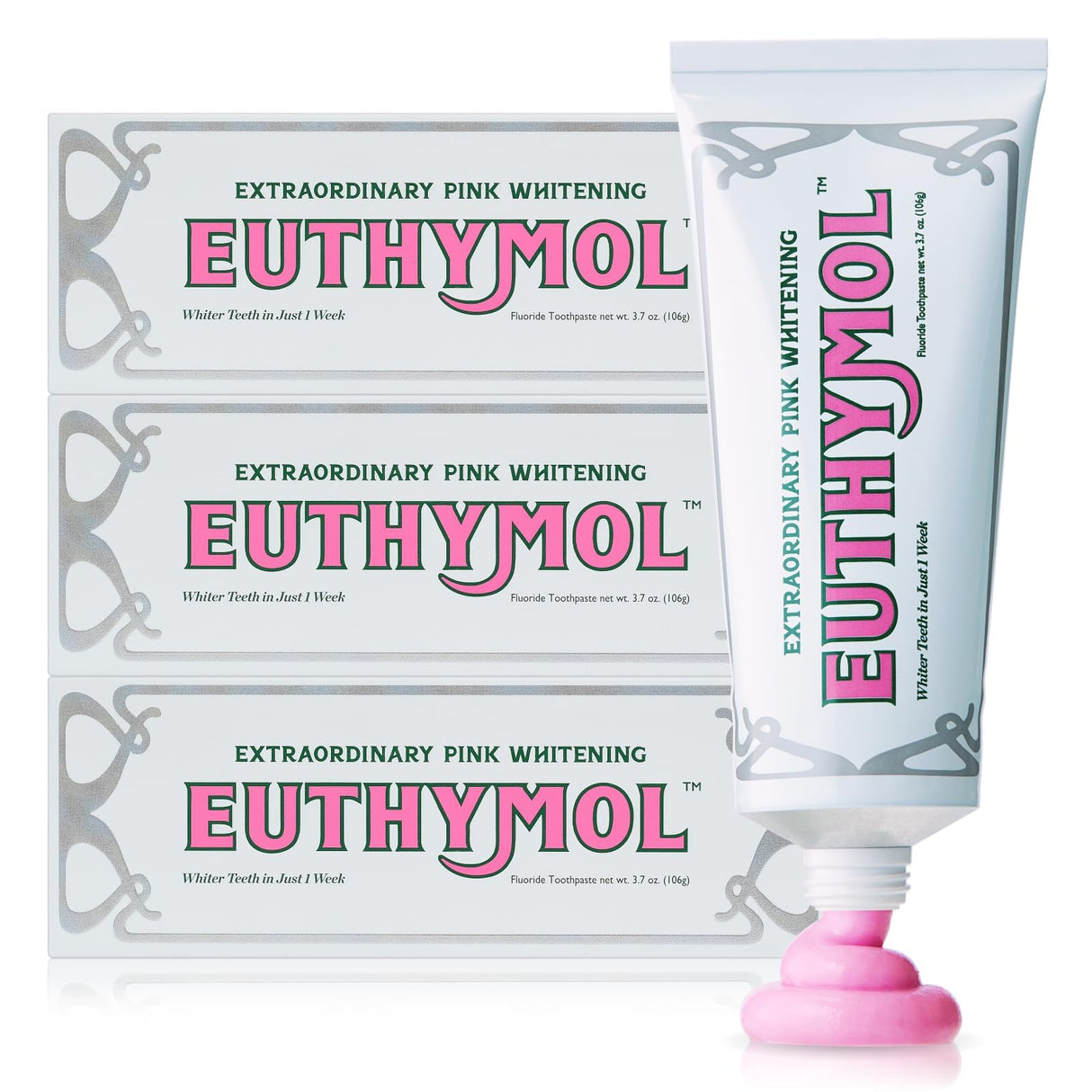 EUTHYMOL Whitening Toothpaste (3.7fl oz*3, Pack of 3) - Stain Removal in 2 Weeks, Long-Lasting Freshness for Sensitive Gum & Teeth. Bad Breath, Cavity Prevention. Recyclable Aluminum Tube
