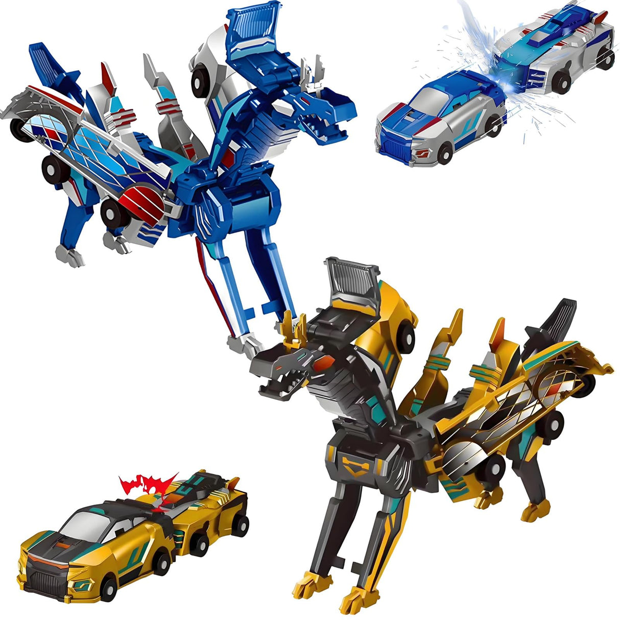 liluwushe 2-in-1 Collision Transformation Dinosaur Car Toy |Magnetic Cars Convertible Robot Toys|DinosaurToys for Kids 3-12 Ideal Christmas Birthday Gift for Boys (Golden Blue)