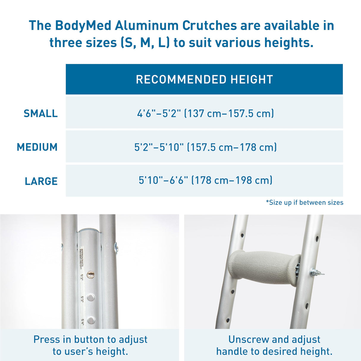 BodyMed Aluminum Crutches, Children, Small, 4' 6"–5' 2" – Pair of Lightweight, Height Adjustable Crutches – Includes Padded Underarm Cushions, Hand Grips, & Rubber Tips – Max. Weight Capacity 300 lb.