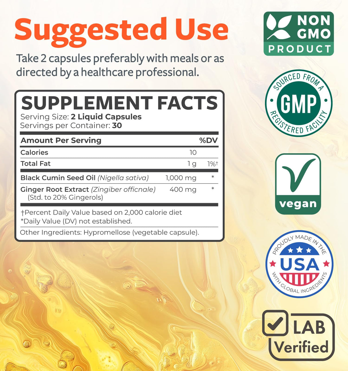 Cold-Pressed Black Seed Oil Capsules - Vegan Non-GMO Nigella Sativa Black Seed Oil Supplement with Ginger Extract for Wellness & Digestive Health Support - Gingerol & Thymoquinone-Rich (1 Month)