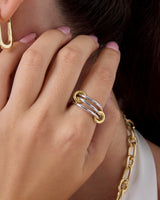 PAVOI Rhodium Plated Two Toned Eternity Statement Ring for Women - Mixed Metals Yellow Gold Interlocking Band - Size 6
