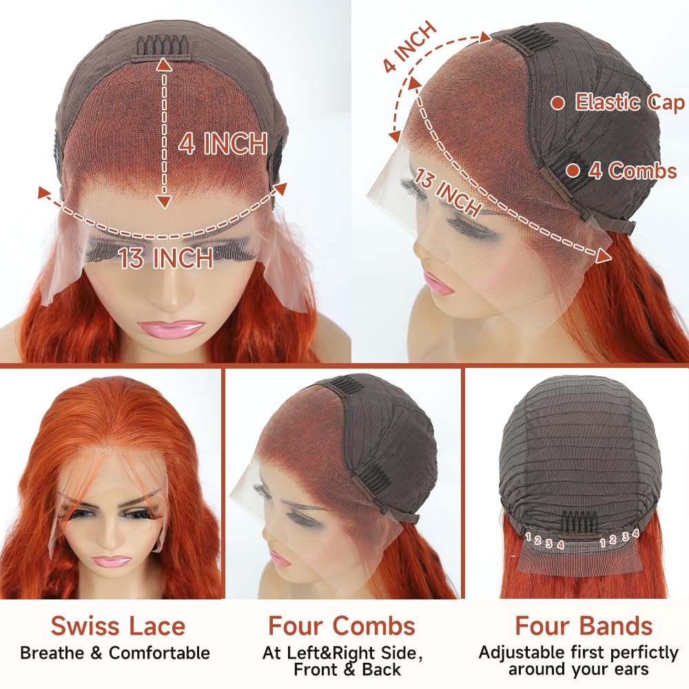28 Inch Ginger Lace Front Wigs Human Hair Pre Plucked 12A HD Ginger Wig Human Hair 200 Density Ginger Orange Human Hair Wig 13X4 Frontal 88J Body Wave Glueless Wigs
