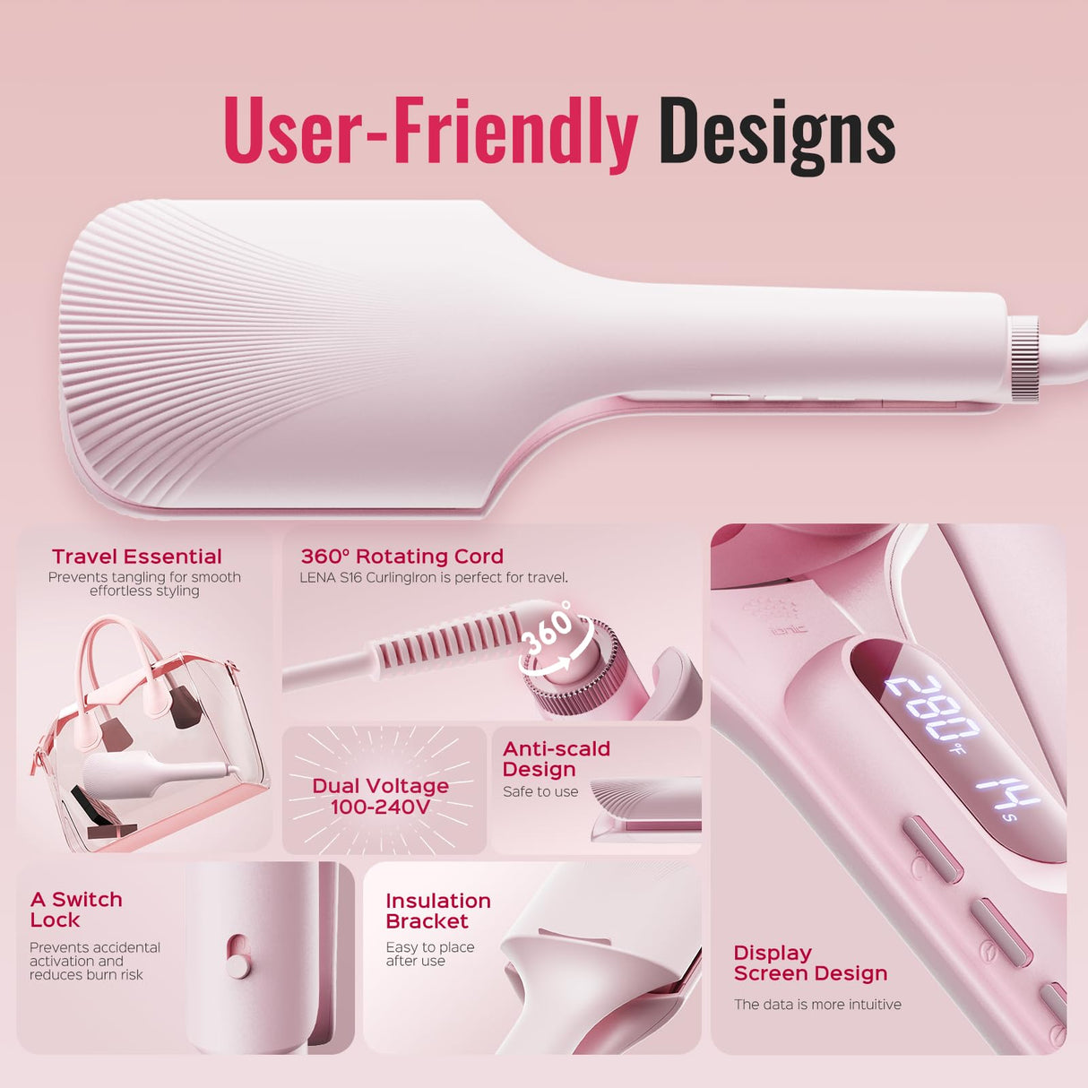 Hair Waver LENA S16 Beach Waves Curling Iron, Hair Tool for Women with 3 Titanium Ceramic Barrels, Anti-Scald Protection, Smart Timer & Adjustable Temps, Dual Voltage, 1.25 Inch, Pink