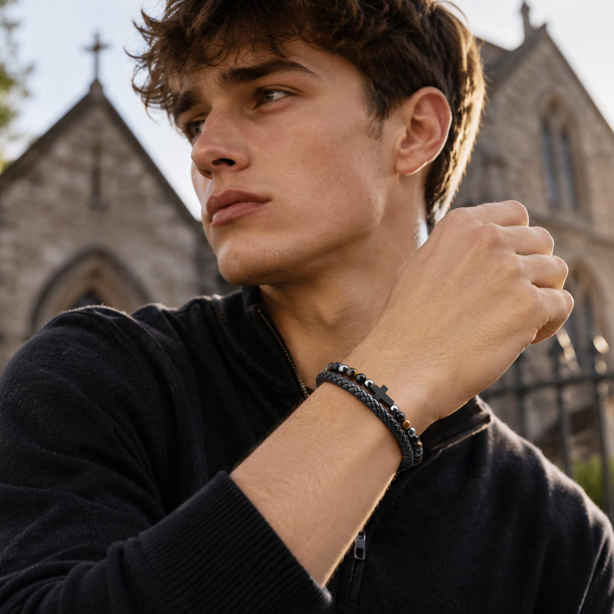 VNOX Hematite Obsidian Tiger Eye Bead Leather Men Bracelet,JOSHUA 1 9