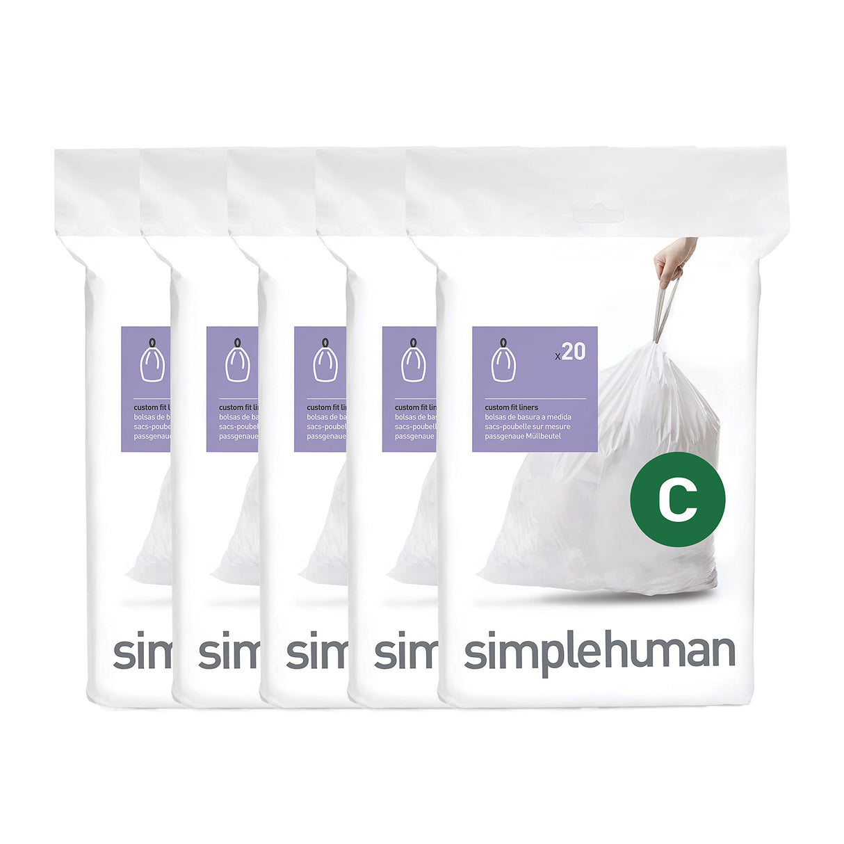 simplehuman Code C 100 Count, Dispenser Packs Custom Fit Liners, Drawstring Trash Bags, 10-12 Liter / 2.6-3.2 Gallon, White