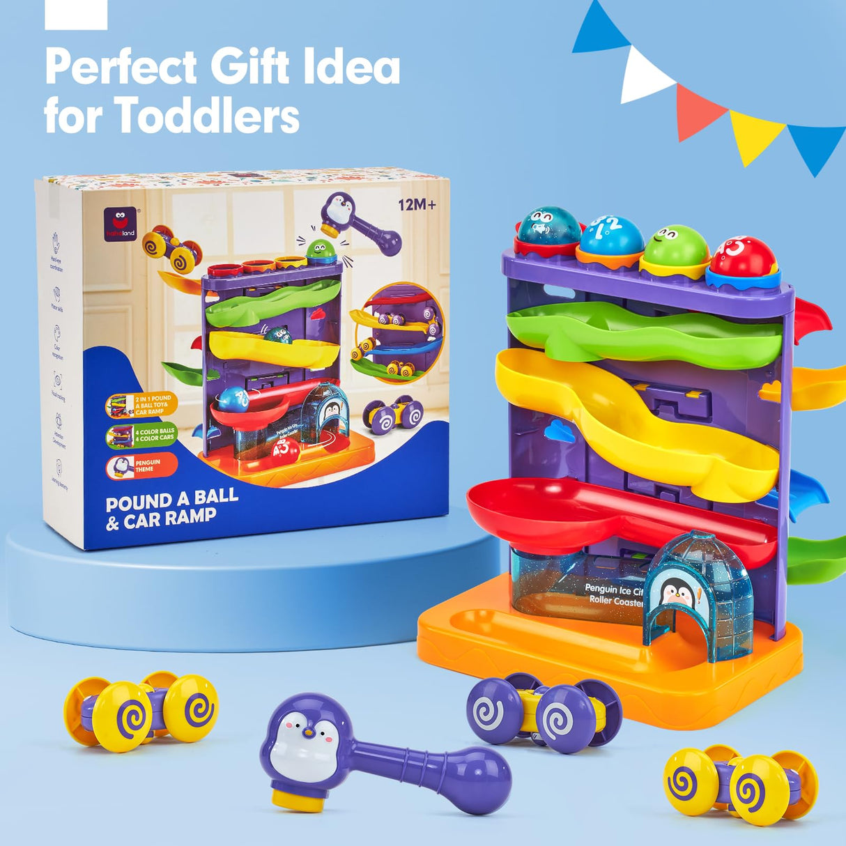 hahaland Toddler Toys for 1 Year Old Boy 2 in 1 Pound Ball Toy & Car Ramp Race Track Learning Early Developmental Montessori Toys for 2 Year Old Christmas Birthday Gifts Stocking Stuffers