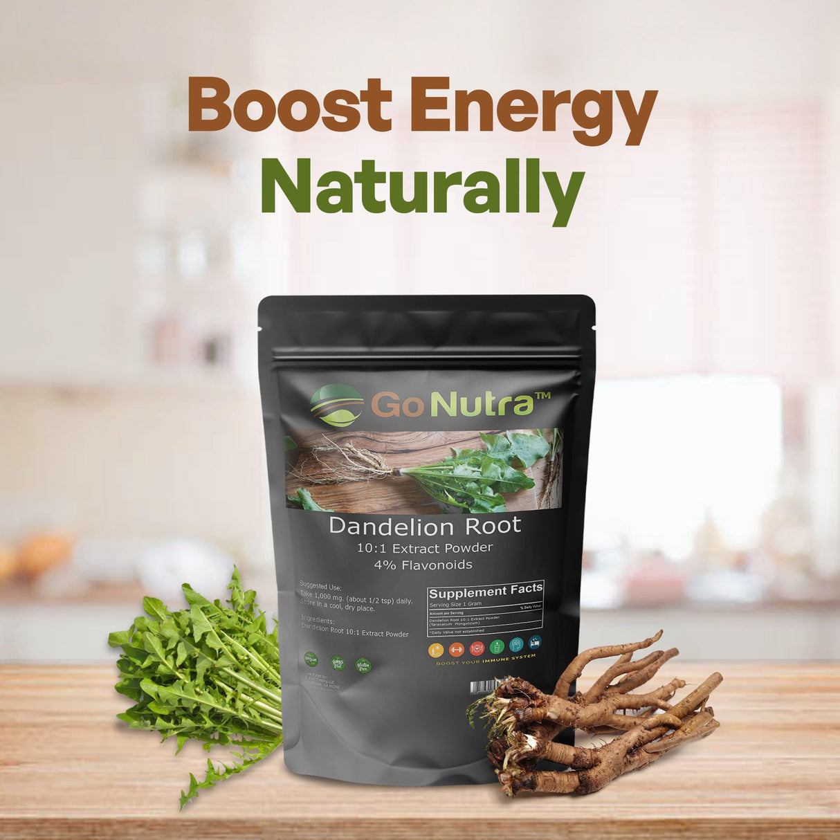 Go Nutra - Dandelion Root Powder, Potent 10:1 Dandelion Root Extract with 4% Flavonoids, Pure and Clean Dandelion Root Powder for Tea, Coffee, Milk, Yogurt, and More, Non-GMO, Vegan-Friendly, 1lb