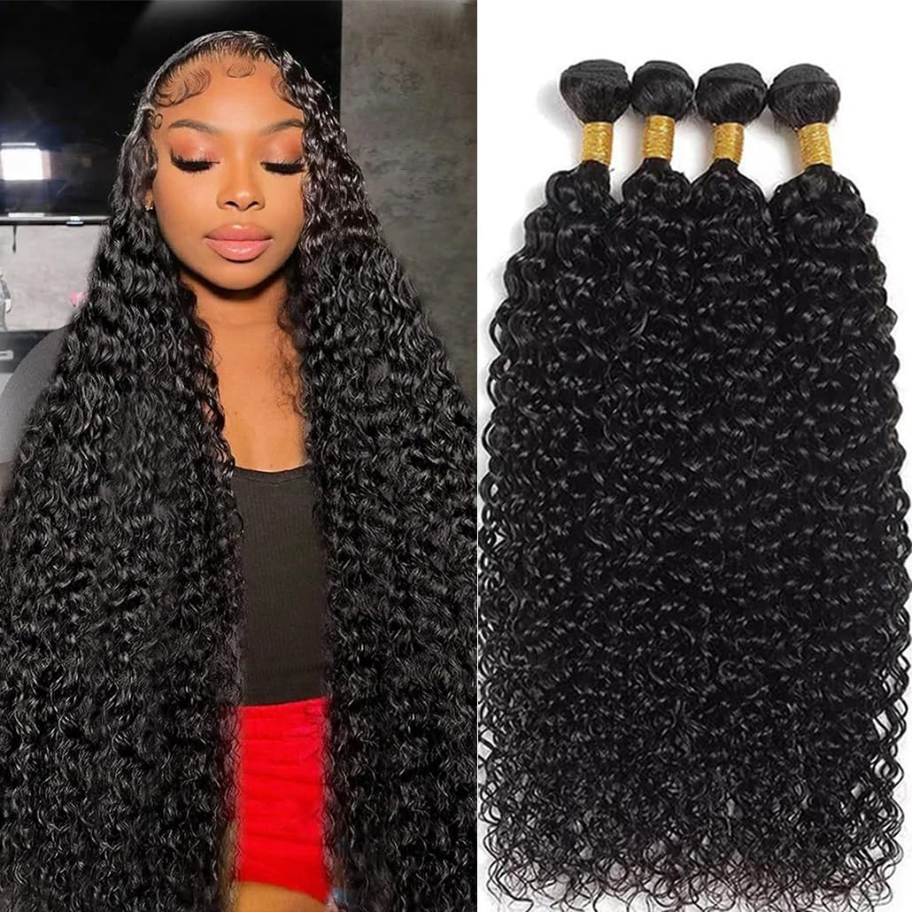 Halerp Water Wave Human Hair Bundles 20 22 24 26 Inch Curly 4 Bundles Human Hair 12A Unprocessed Brazilian Virgin Weave Deep Wave Hair Extension Natural Black