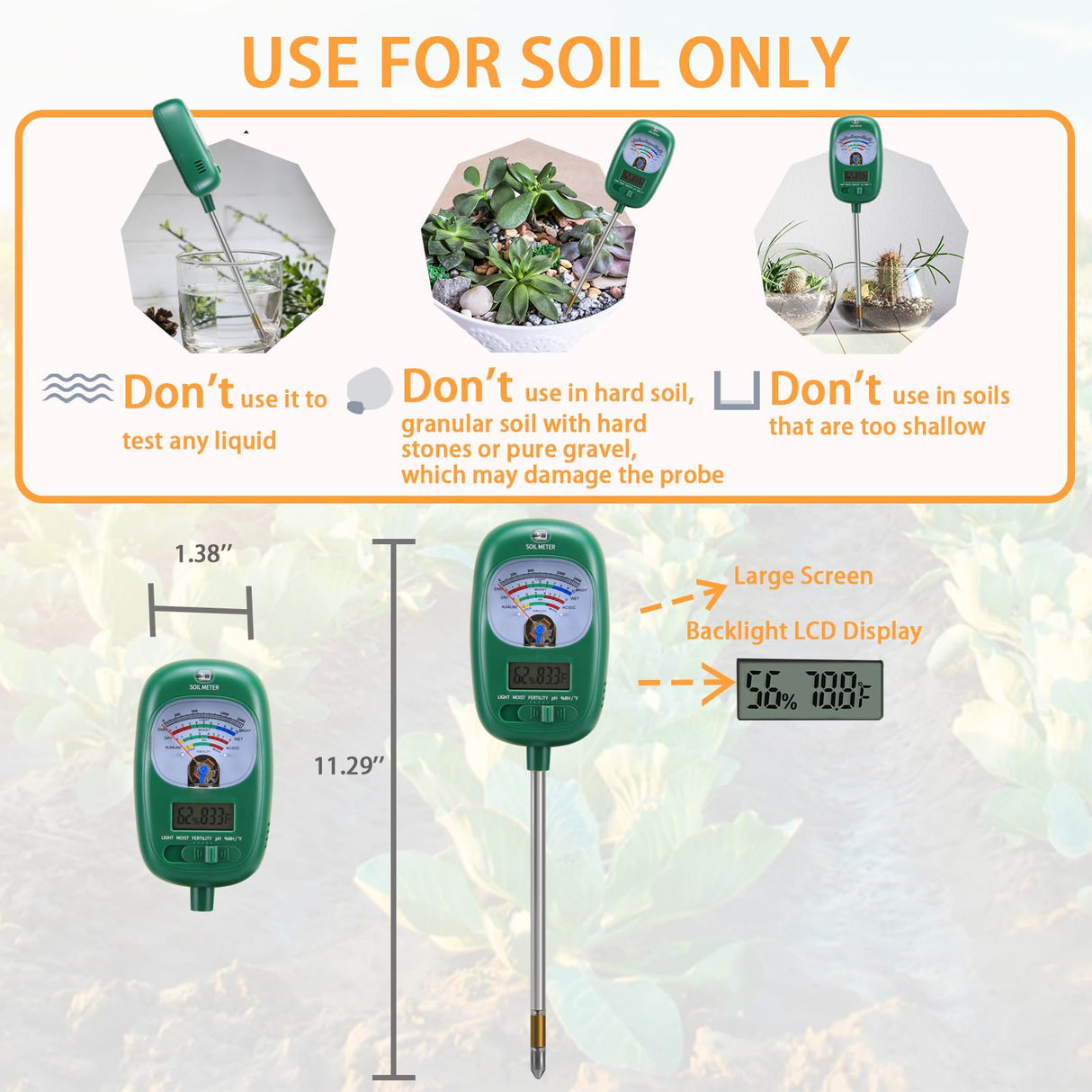 7-in-one Soil Test Kit, Soil Moisture Meter/PH Meter/Sunlight Intensity/Fertility Soil Tester, LCD Display Air & Soil Hygrometer Temperature for Hous Plants Garden, Farm, Lawn Care Moisture Meter