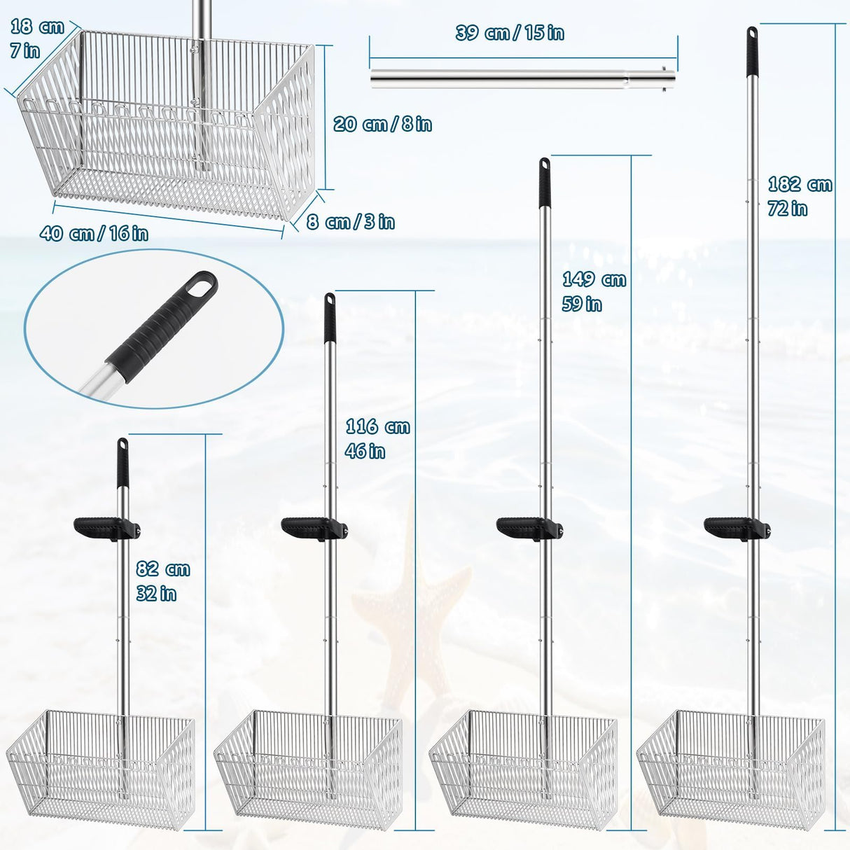 MarchingGreen Sand Flea Rake for Beach: 70in Handle Stainless Steel Rake