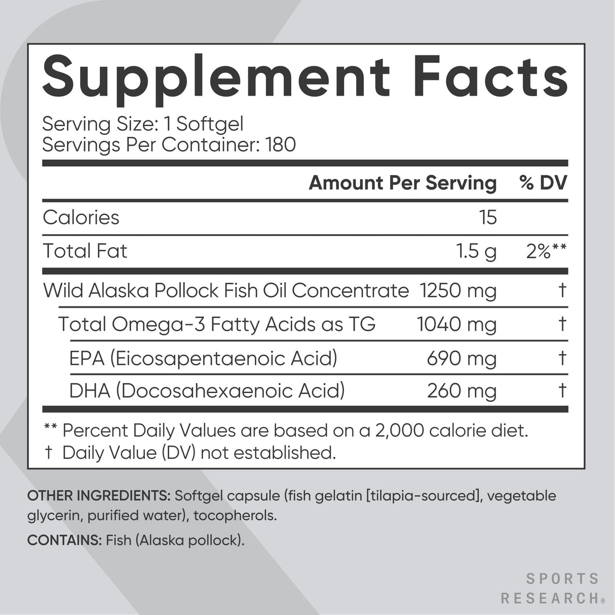 Sports Research Triple Strength Omega 3 Fish Oil - Burpless Fish Oil Supplement w/EPA & DHA Fatty Acids from Single-Source Wild Alaskan Pollock - 1250 mg, 180 ct