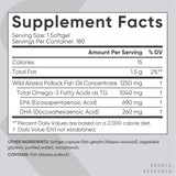 Sports Research Triple Strength Omega 3 Fish Oil - Burpless Fish Oil Supplement w/EPA & DHA Fatty Acids from Single-Source Wild Alaskan Pollock - 1250 mg, 180 ct