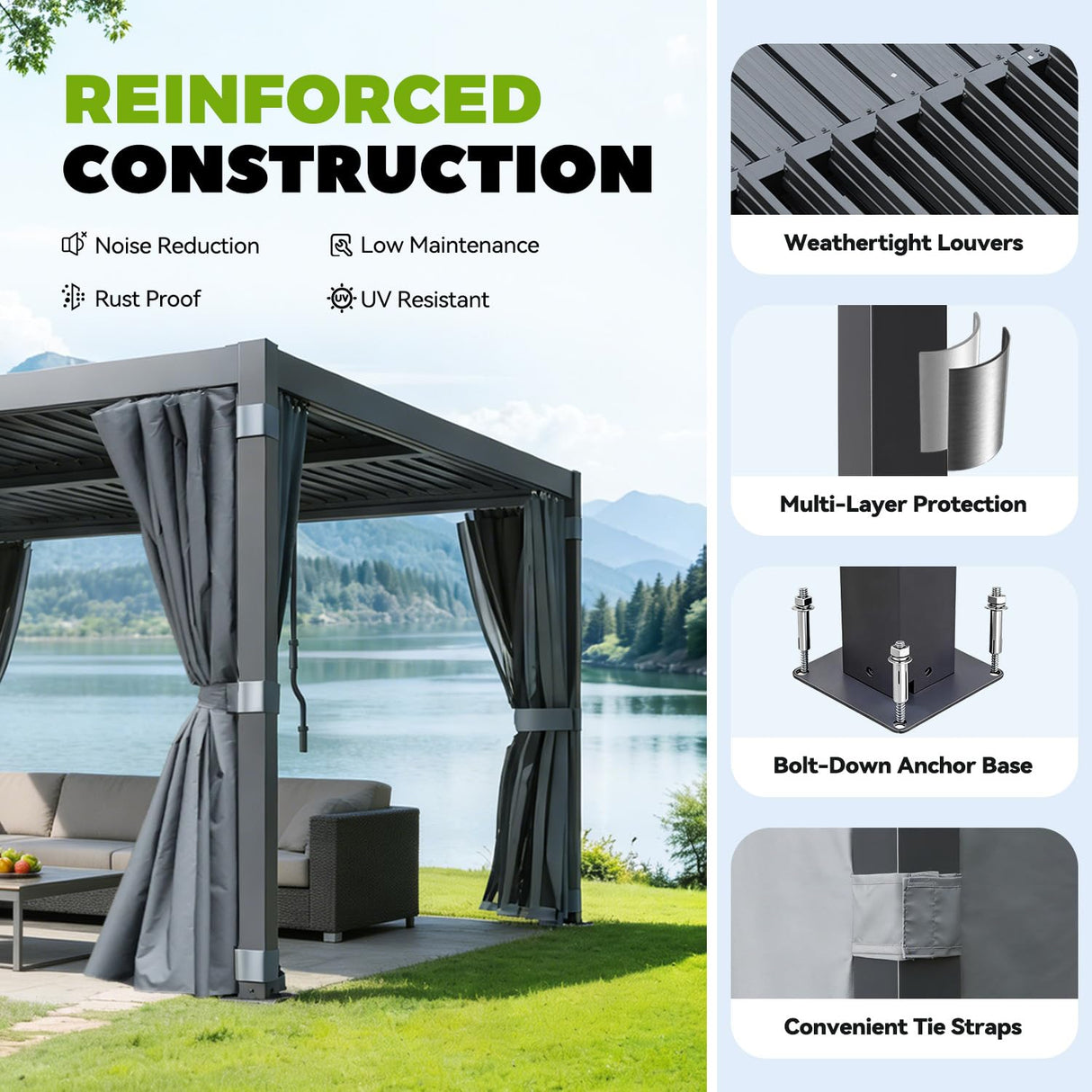 MELLCOM 10x12 Louvered Pergola Adjustable Roof w/Curtains & Mesh