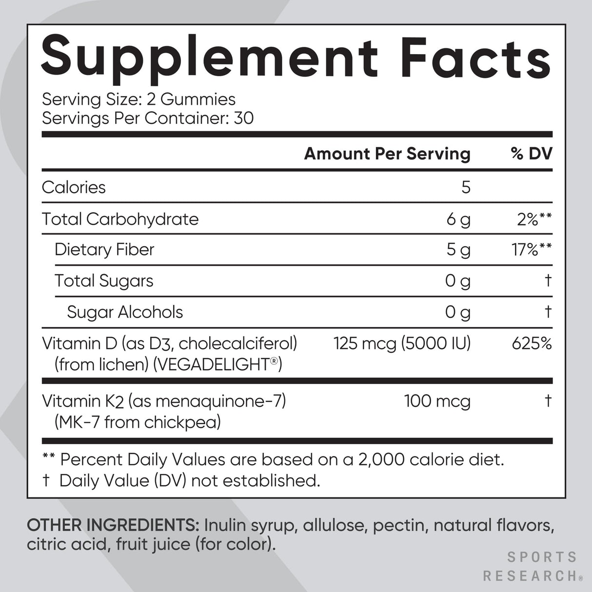 Sports Research® Vegan Vitamin D3 + K2 Gummy Supplements - 5000iu Vitamin D with 100mcg Mk7 Vitamin K - Supports Calcium for Stronger Bones & Immune Health - 60 Gummies for Adults, 1 Month Supply