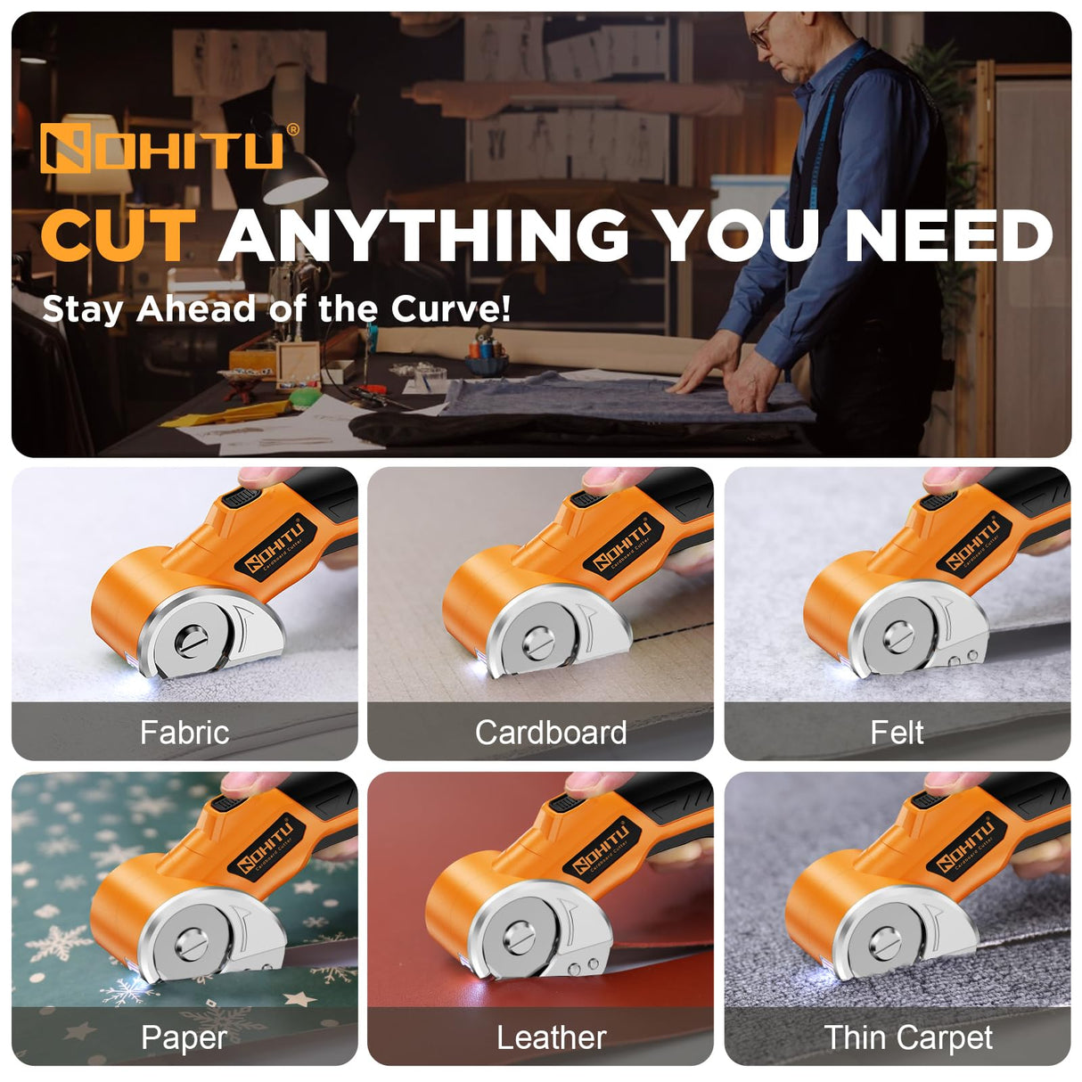 Cordless Electric Scissors: 4V Rechargeable Rotary Cardboard Cutter, 3000mAh Battery, with LED Light & Safety Lock, 2 Blades, Electric Box Cutter for Fabric Carpet Carton Plastic Leather Cloth(Yellow)