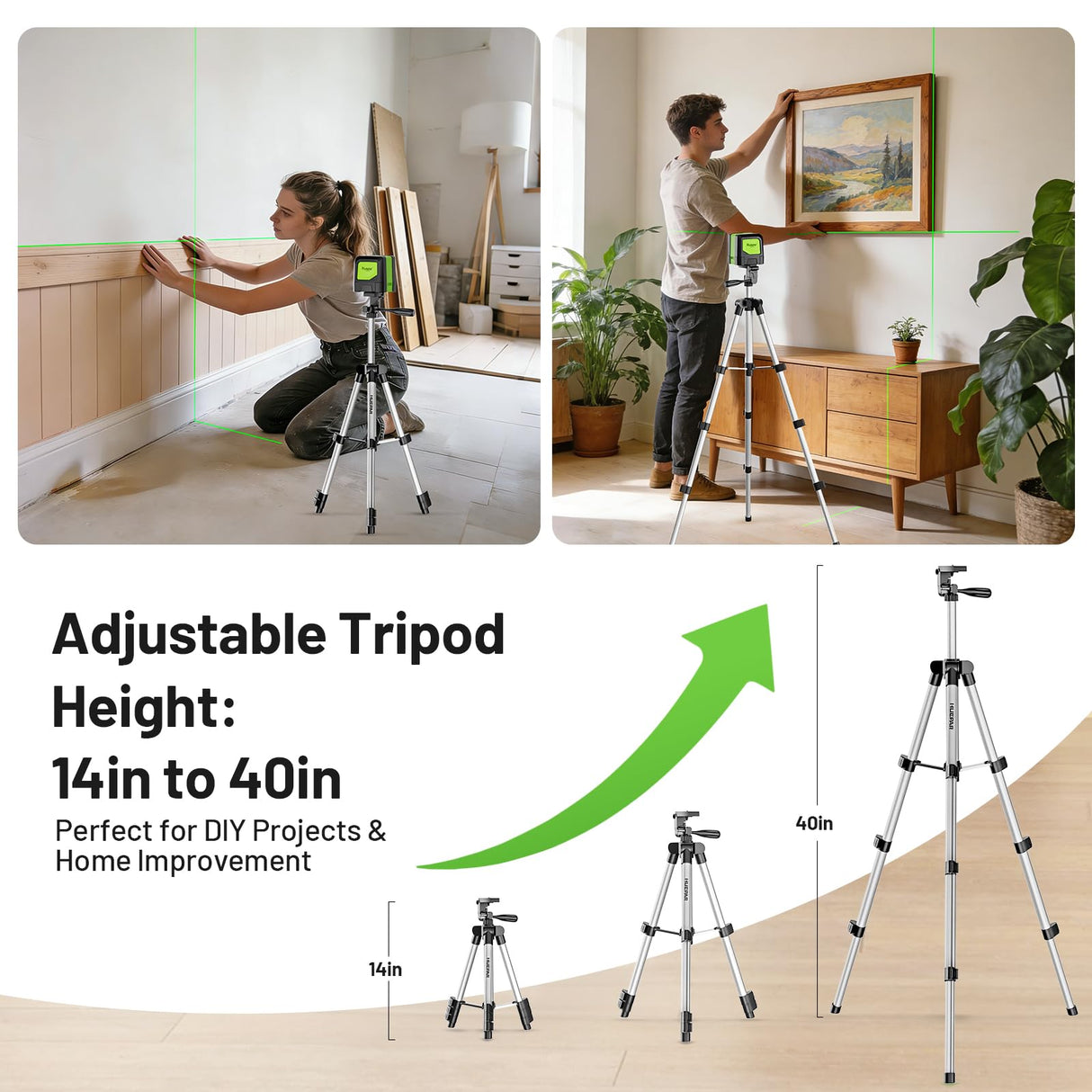 Huepar Laser Level with Tripod,100Ft Self Leveling Green Cross Line Laser for Picture Hanging, Tile, Decoration & DIY Construction – AA Battery&Picture Hanging Strips, Indoor Use