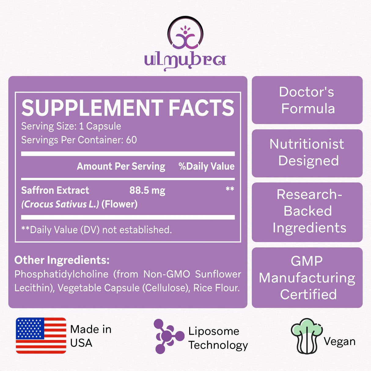 Liposomal Saffron Supplements 88.5 mg, Maximum Absorption, 100% Pure Saffron Extract Capsules for Mood, Energy, Vision & Focus - 60 Vegan Capsules