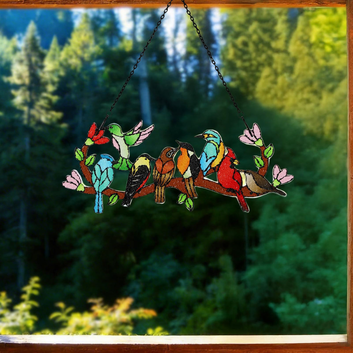 Huray Rayho Stained Glass Sun Catcher Birds On Branch for Indoor Window Hanging, Hand-Painted and Double Side with Gift Packaging, Hummingbird Gifts for Bird Lovers Mom Grandma, Bird Decor Ornament