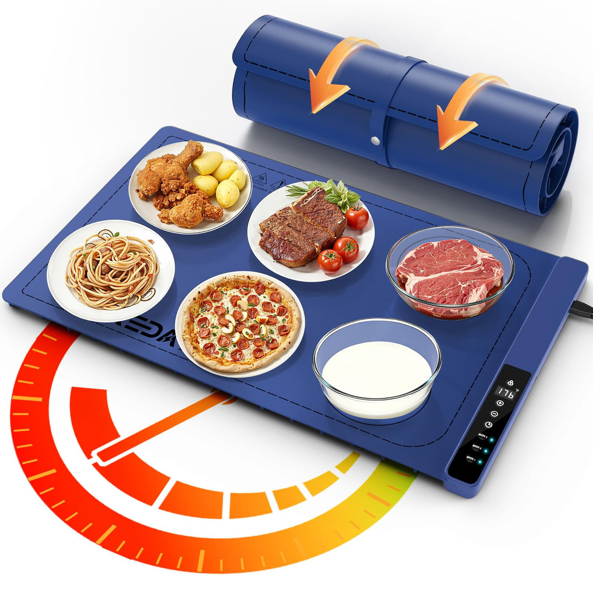 Food Warming Mat with 3-Zone Heating Mode, Redagod Electric Warming Tray with 9 Temperature & 8 Timer Settings, Hook and Roll Up Storage, Portable Countertop Food Heating Mat for Home Daily Use, Blue