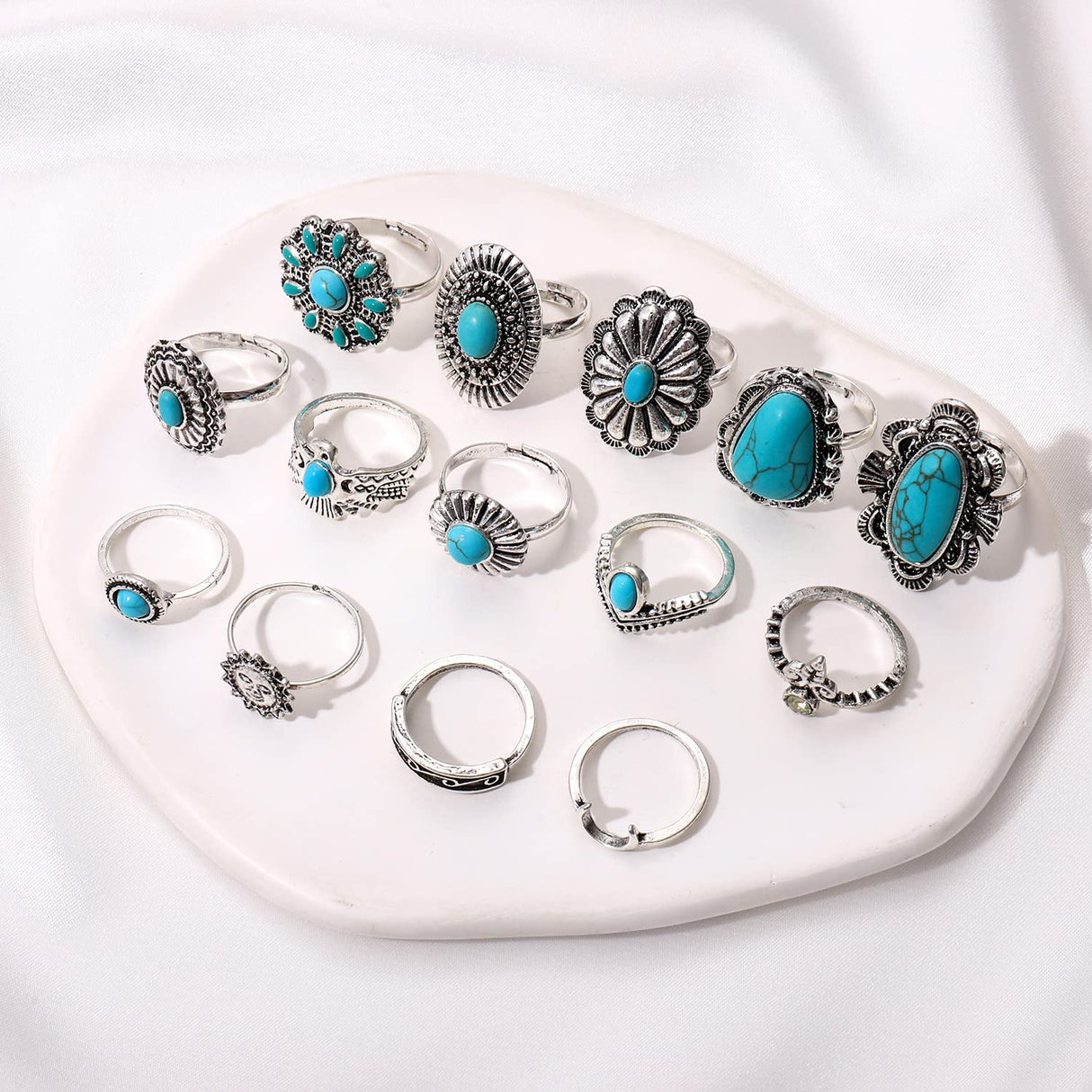 BVGA 40 Pcs Vintage Turquoise Rings for Women Bohemian Silver Oval Gemstone Western Rings Boho Joint Knuckle Midi Stacking Ring Set Gifts
