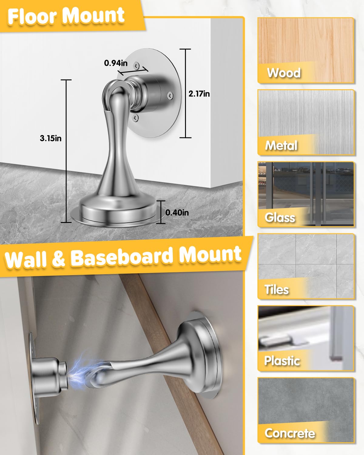 Magnetic Door Stop Holder 4 Pack - Door Stoppers Stainless Steel Heavy Duty Stops for Bottom of Door - Wall Floor Mounting No Drill Strong Adhesive & Screws Magnet Catch Keep Door Open