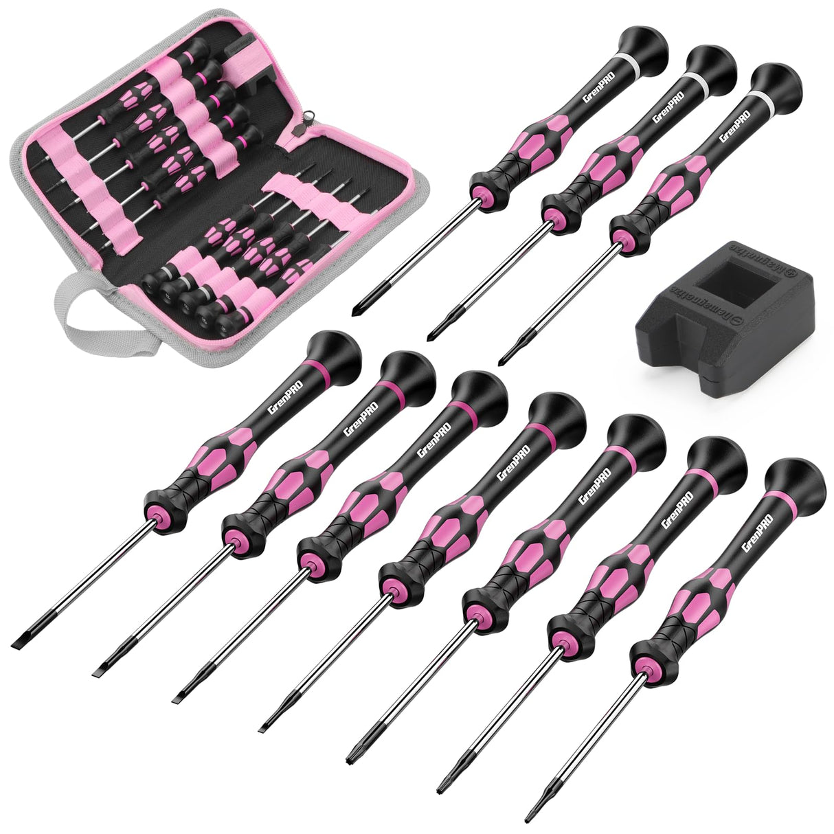 GRENPRO 10-Piece Precision Screwdriver Set, Magnetic Small Screwdrivers with Phillips, Slotted, Torx Star for Eyeglass, Watch, Computer, Laptop, Phone,Pink