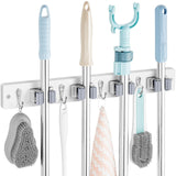 OUTNILI White Mop Broom Holder Wall Mount with 4 Slots & 4 Hooks - Wood Broom Mop Hanger for Pantry Closet Laundry Room Organization - Heavy Duty Garden Tool Organizer - White Kitchen Decor