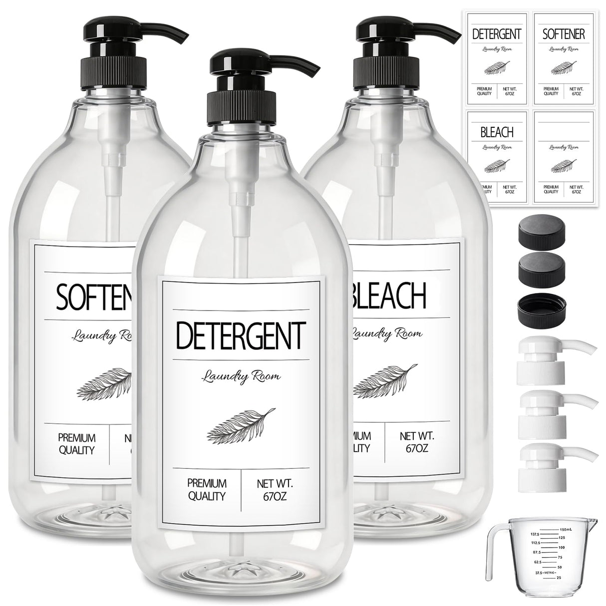 GMISUN Laundry Detergent Soap Dispenser, Liquid Laundry Detergent Dispenser, Container for Farmhouse Laundry Room Decor, Organizer for Liquid SoftenerBleach Heavy Duty Plastic Bottle(64 Oz 3 Pack)