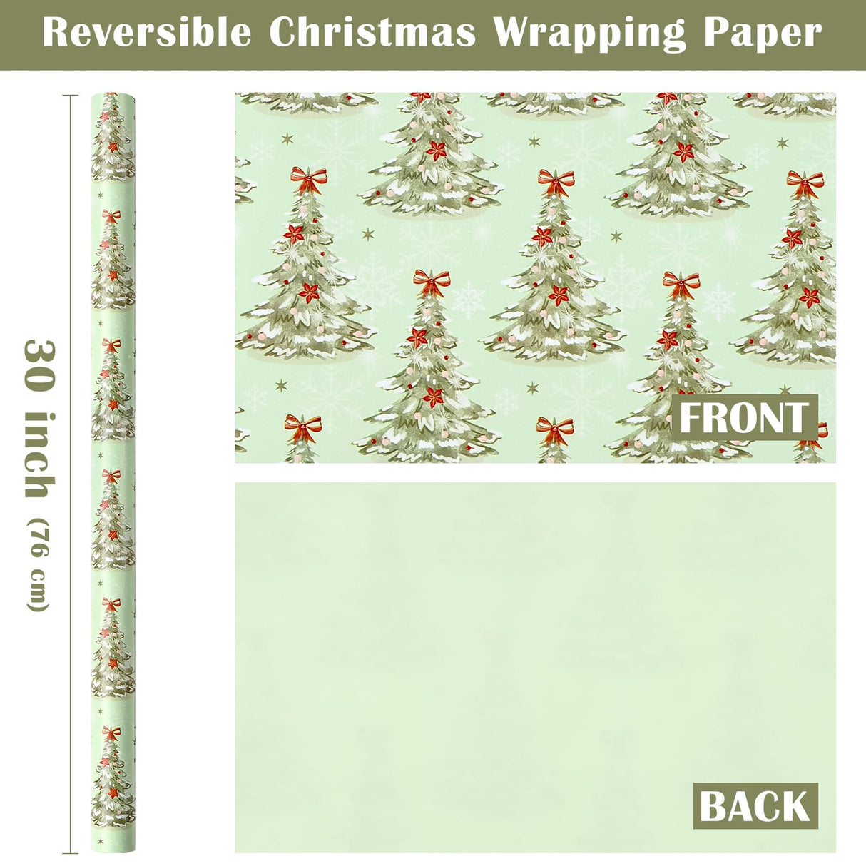 WRAPAHOLIC 30 Inch Jumbo Reversible Christmas Wrapping Paper - 30 Inch x 33 Feet - Light Green Christmas Tree Wrapping Paper for Xmas Holiday, Party Celebration