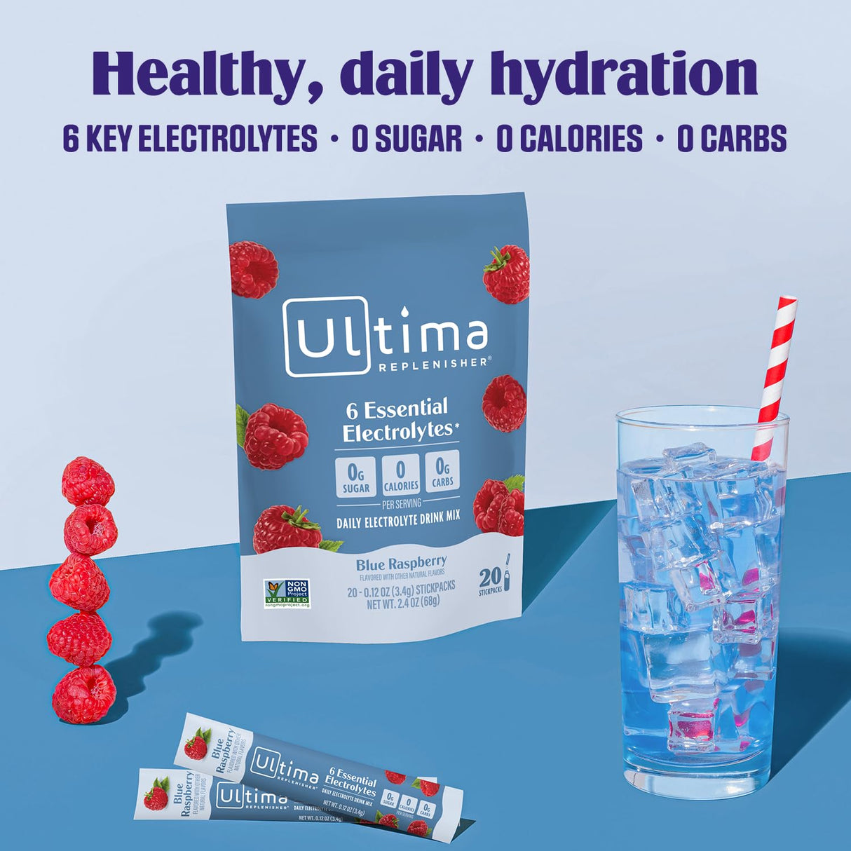Ultima Replenisher Daily Electrolyte Powder Drink Mix – Sugar Free – Blue Raspberry, 20 Stickpacks – Hydration Packets with 6 Electrolytes and Trace Minerals – Keto Friendly, Vegan, Non-GMO