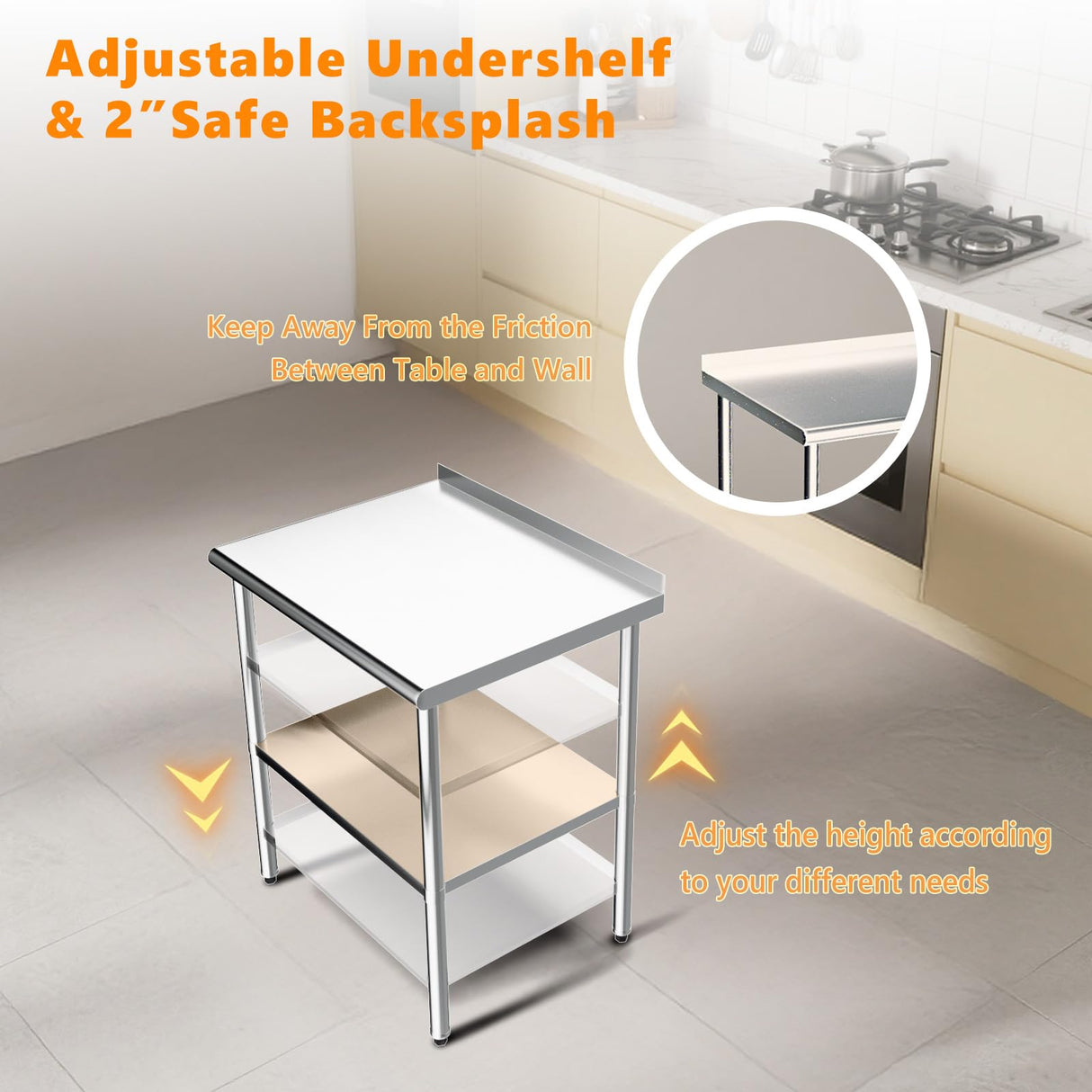 ROVSUN 30'' x 24'' Stainless Steel Table for Prep & Work,Commercial Worktables & Workstations, NSF Heavy Dut Metal Table with Adjustable UnderShelf & Backsplash for Kitchen, Restaurant,Home,Hotel