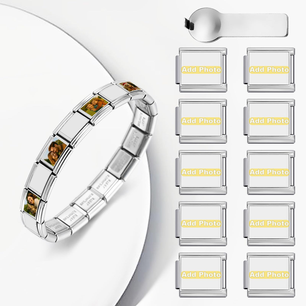 GEMOSA Silver 10PCS Custom Photo Italian Charm Bracelet Set, Stainless Steel with Gift Box & Tool – Personalized Jewelry Gift for Women