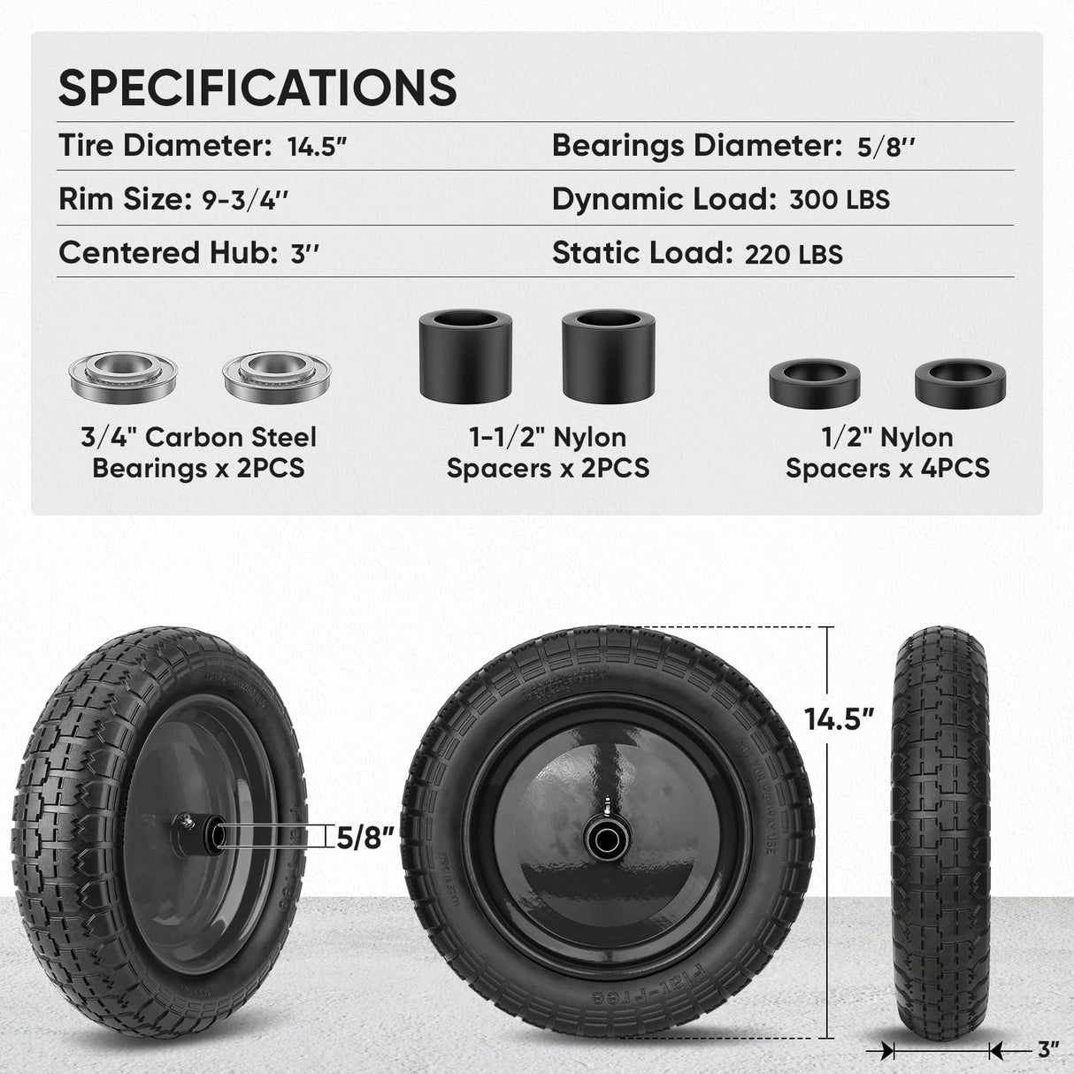 TICONN 4.80/4.00-8 Tire, 14.5" Flat Free Wheelbarrow Tire and Wheel, Solid Replacement Tires with 3" Centered Hub, 5/8" 3/4" Bearings, Universal Fit 4.80/4.00-8, 3.50/3.00-8, 4.00-6 (Black)