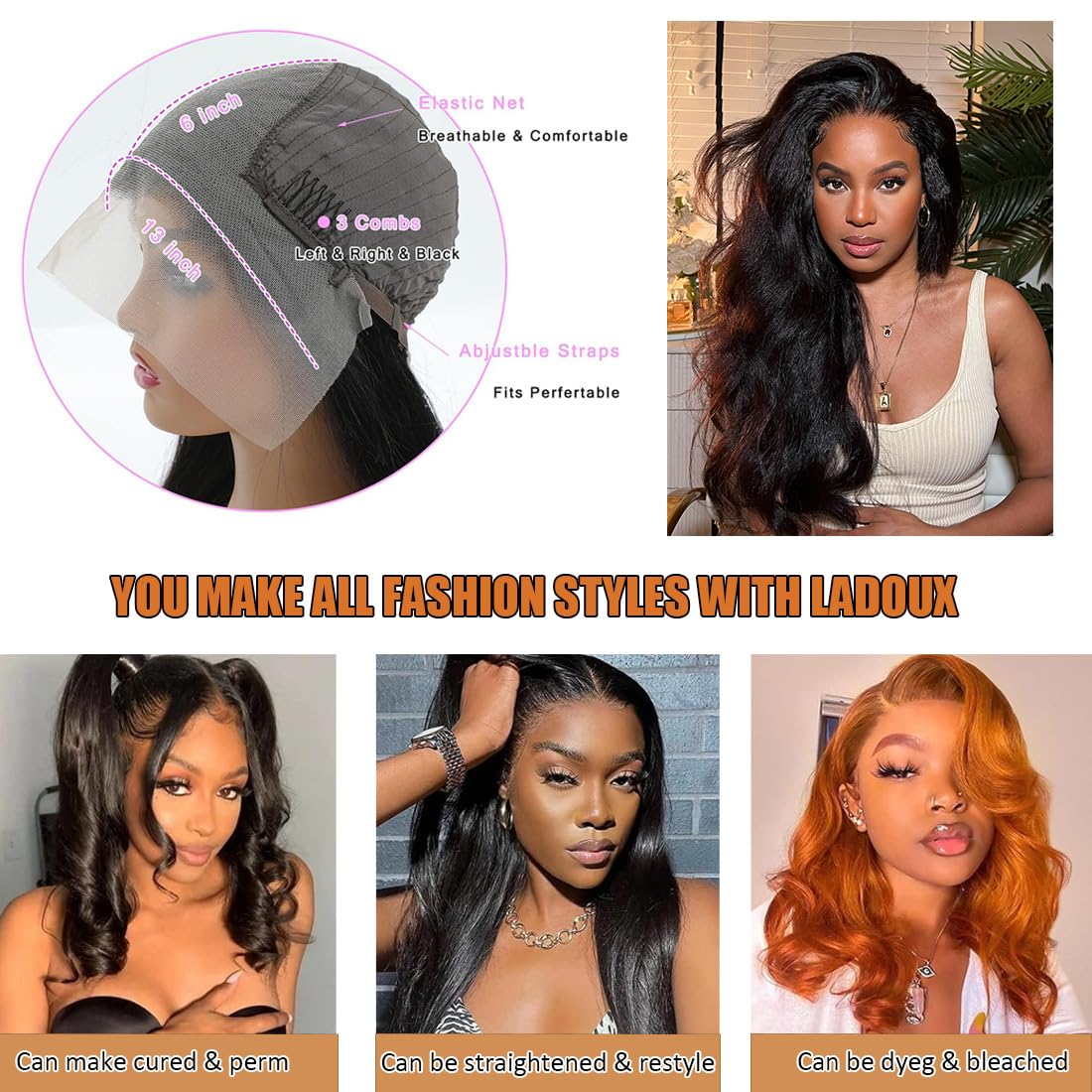 Ladoux 13x6 Lace Front Kinky Straight Wig HD Transparent Yaki Straight Frontal Closure Human Hair Wigs for Women 20Inch 180% Density Glueless Wig Pre Plucked With Baby Hair