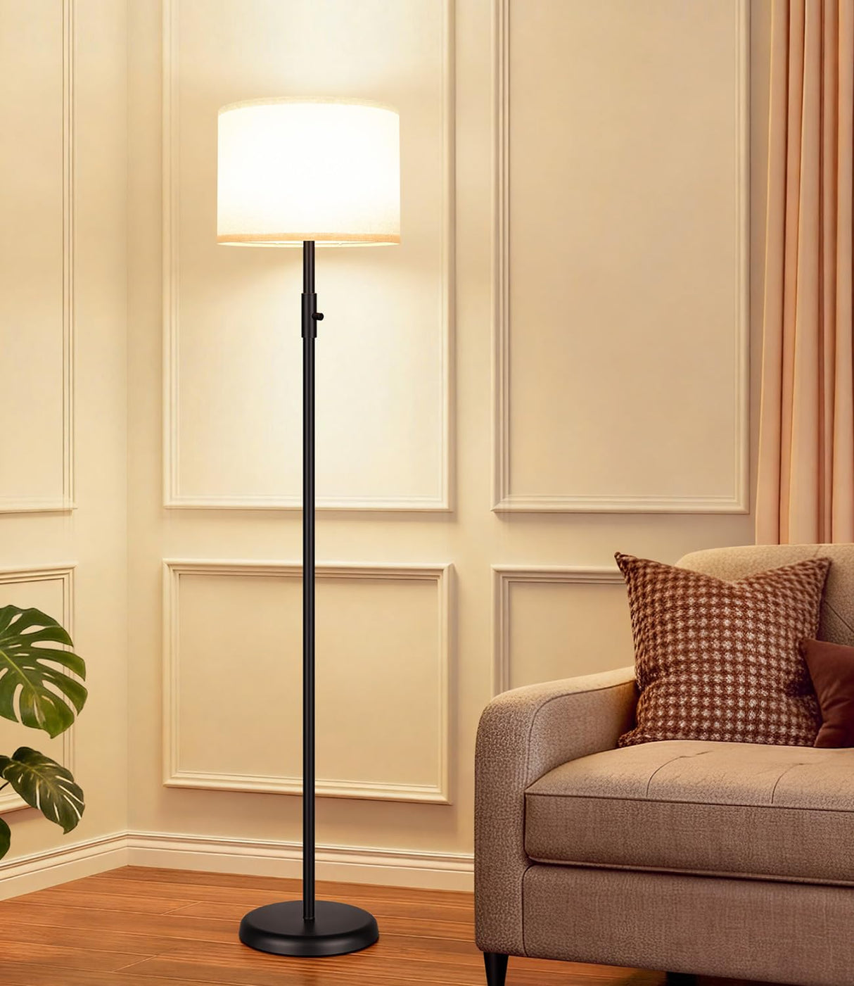 【Upgraded】 Dimmable Floor Lamp for Living Room,1000 Lumens Bulb Included, Modern Floor Lamps Simple Design with Linen Shade, Tall Standing Lamp for Bedroom Office Dining Room, Black Pole Lamp