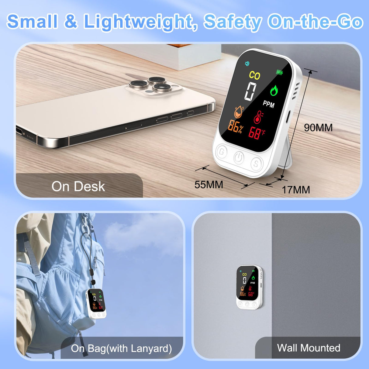 Portable Carbon Monoxide Detectors, 3-in-1 CO Detector – Mini CO, Temp & Humidity Sensor with 85 dB Alarm, Fold-Out Kickstand & Lanyard, Ultra-Low-Power Plug-Free Safety for Home, RV, Camp or Hotel