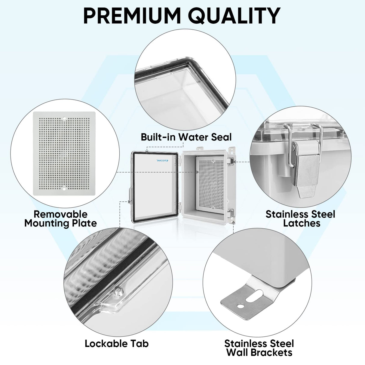 TICONN Outdoor Electrical Box Waterproof, Junction Box IP67 ABS Plastic Enclosure with Hinged Cover with Mounting Plate, Wall Brackets, Cable Glands (Clear, 8.7"x6.7"x4.3")