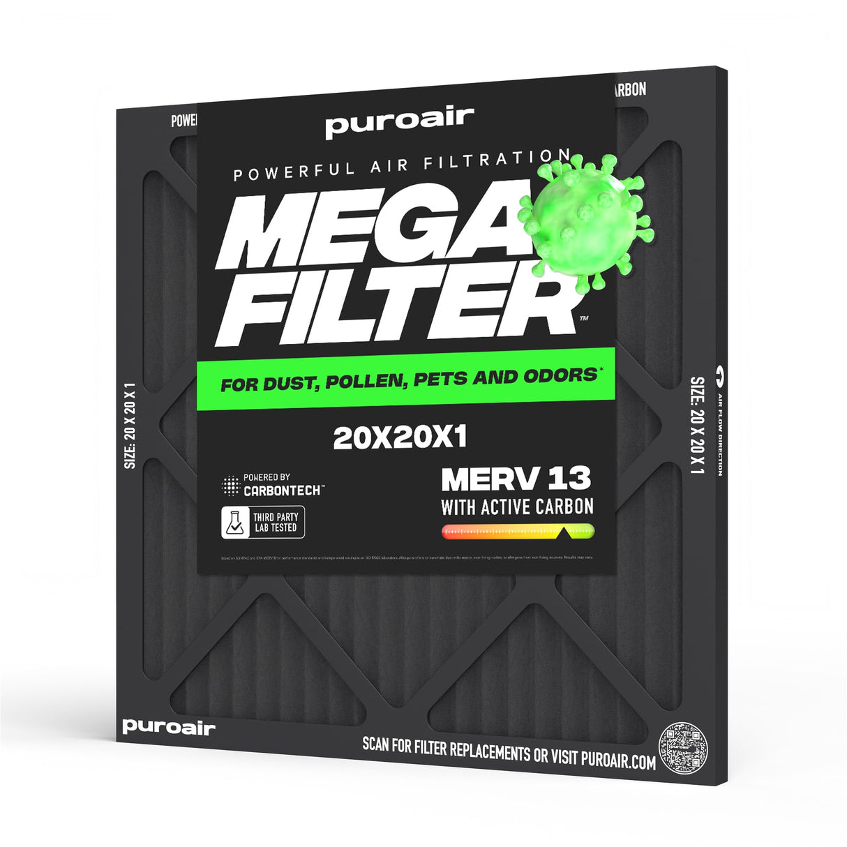 PuroAir MegaFilter - 20x20x1 Air Filter MERV 13 Activated CarbonTech Defense - Heavy Duty 3 Layer Furnace Filters Allergens, Pollen, Dust, Pet Dander, Smoke, Odors - HVAC Air Filter 20x20x1 (1-Pack)