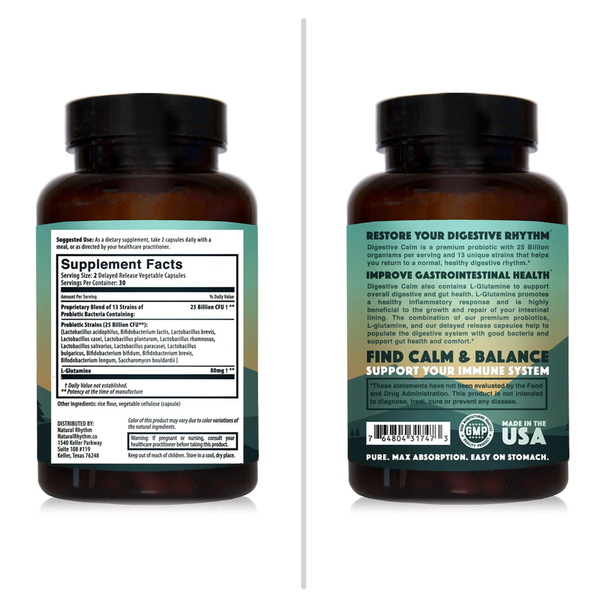 Natural Rhythm Digestive Calm Probiotic (Plus L-Glutamine) 25 Billion CFU and 13 Strains. - Natural Support for Better Digestion - for Bloating & Constipation + Gas Relief & Leaky Gut - 60 Capsules.