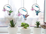 Lolitarcrafts Stained Glass Hummingbird Window Hangings with Flowers, Bird Stained Glass Suncatcher for Window Decor Hummingbird Gifts for Mom,Bird Lovers (Blue with Flower A)