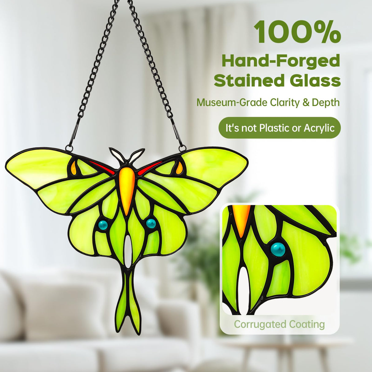 Stained Glass Window Hanging Luna Moth Suncatcher, IDEA SHOW 7.3Inch Handmade Real Glass Butterfly Suncatcher Ornament for Home Decor, Elegant Green Butterfly Memorial Gift for Women, Mom, Grandma