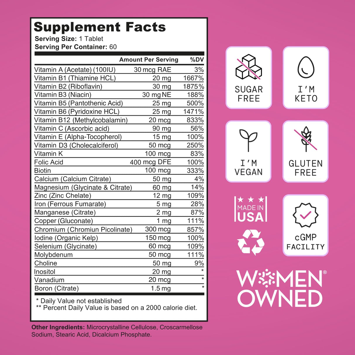 SELF NUTRITION Vegan Multivitamins for Women - Once Daily - 28 Nutrients - Boost Energy, Sleep, Hair, Skin, Nails & Reduce Cravings - Keto, Vegan, Gluten Free, USA, 2-Months Supply