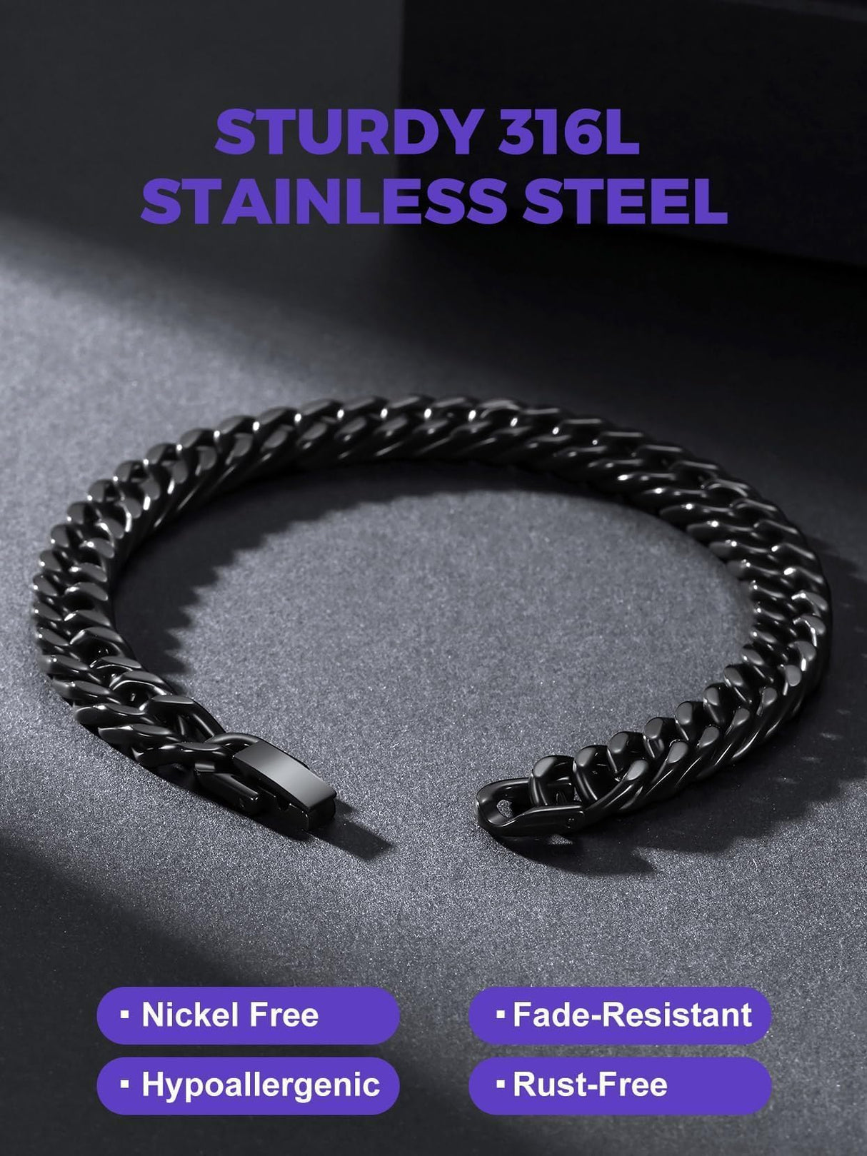 Richsteel Stainless Steel Cuban Link Beacelet for Men, Black Bracelets for Men 8mm Width 7.4 Inch Length Black Chain Wrist Bracelets Fashion Accessories Jewelry Gifts