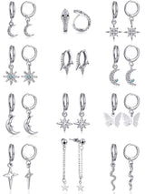 Hicarer 12 Pairs Dangle Huggie Hoop Earrings Star Moon Charms Set,Silver