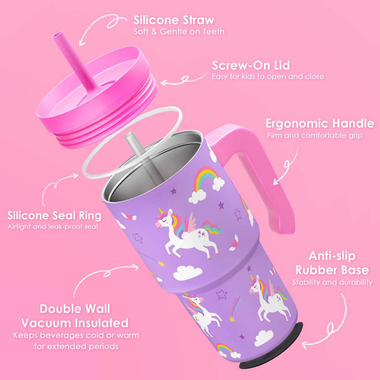Unicorn Tumbler 20oz with Handle and Silicone Straw Lid for Kid, Insulated Stainless Steel Cup, Gift for Kids Girls, Gifts Idea for Birthday Christmas Back to School
