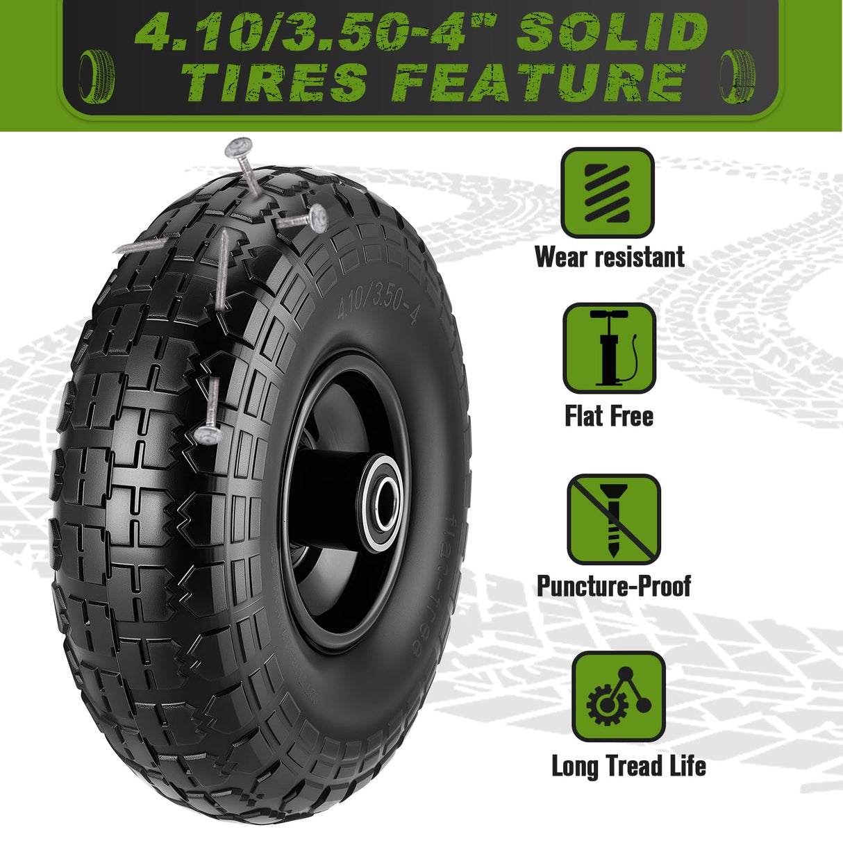 2 Pcs 4.10/3.50-4" Tire and Wheel Flat Free, 10 Inch Solid Rubber Tires with 5/8" Axle Bore Hole, 2.2" Offset Hub for Hand Truck, Wheelbarrow, Gorilla Cart, Garden Wagon Cart, Dolly, Utility Cart