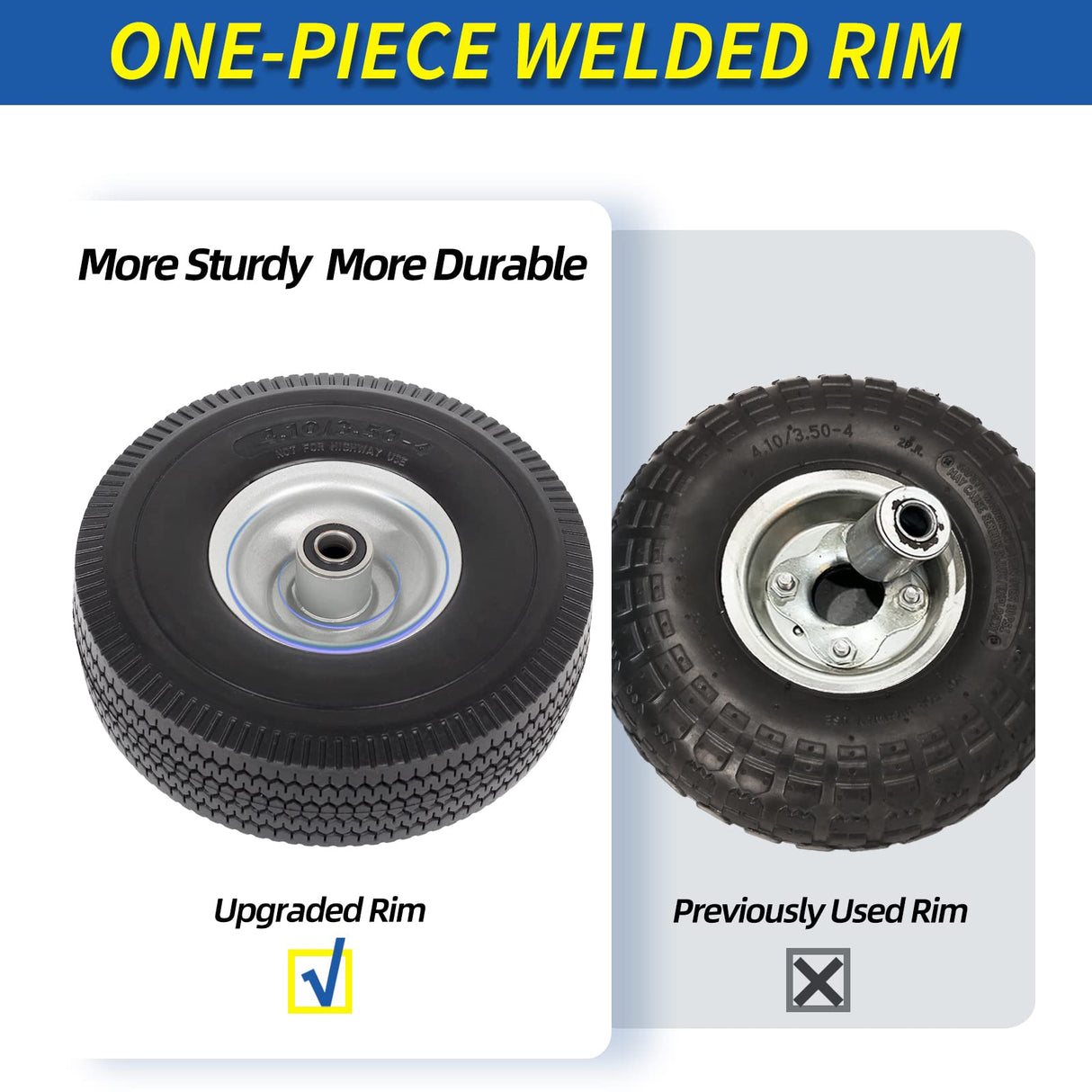 GICOOL 4.10/3.50-4" Flat Free Tire and Wheel, 10" Solid Tire with 5/8" Axle Bore Hole, 2.2" Offset Hub for Hand Truck Garden Wagon Cart Trolley Dolly Lawn Mover Replacement