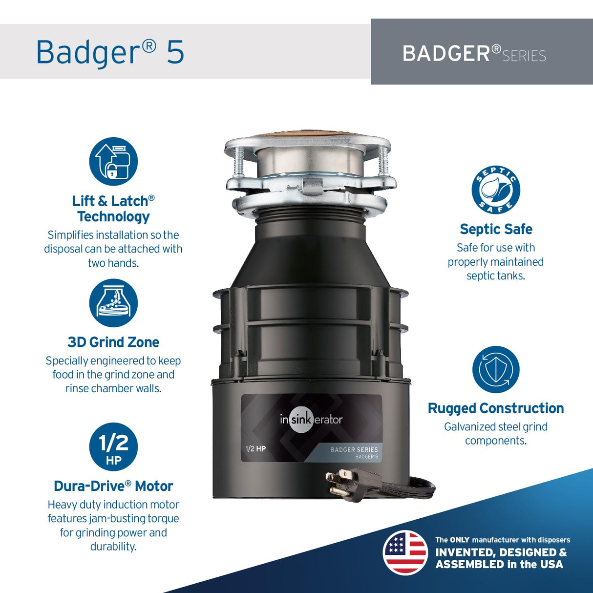 InSinkErator Badger 5 Garbage Disposal with Power Cord, Badger Series 1/2 HP Continuous Feed Food Waste Disposer