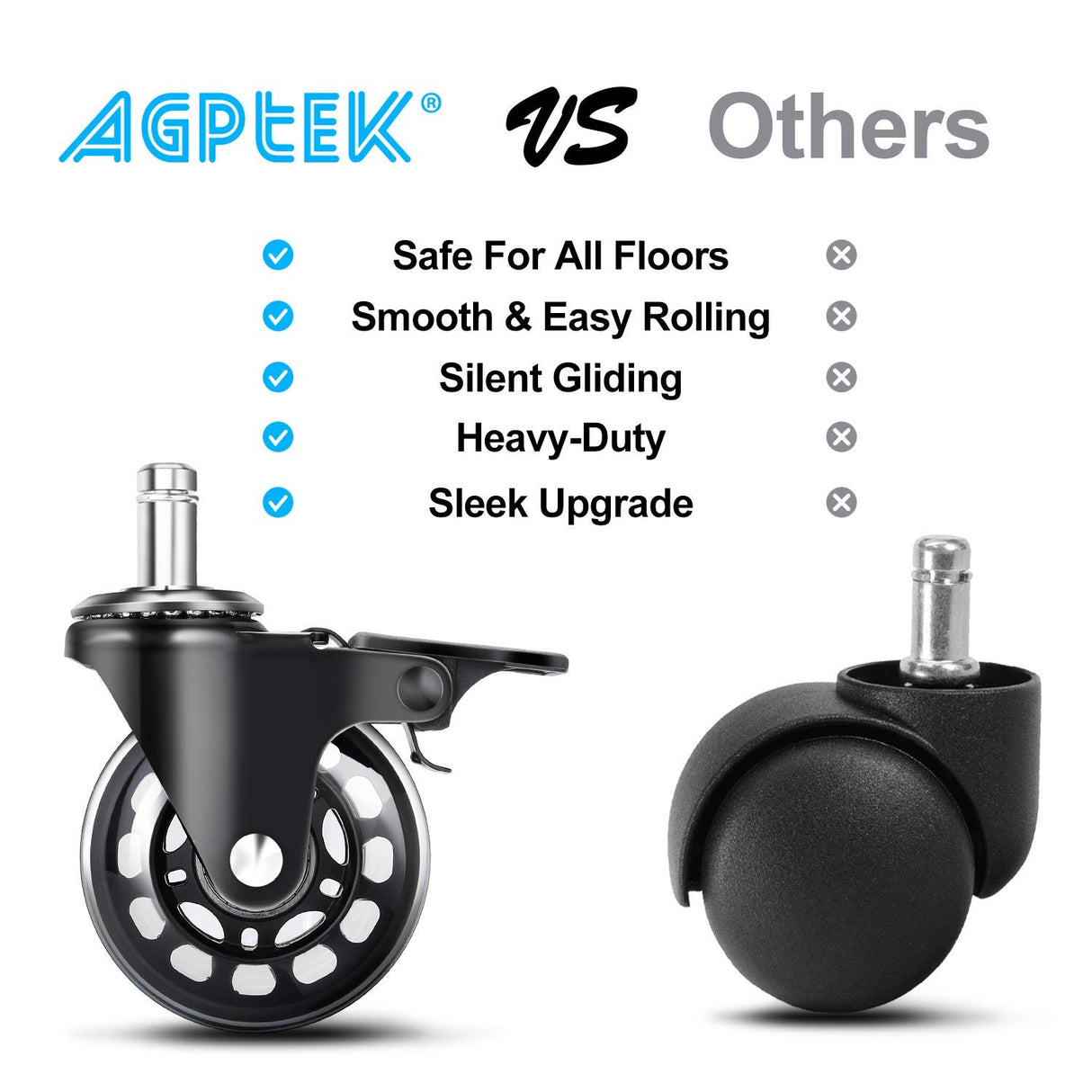AGPtEK Office Chair Casters with Brake Heavy Duty 2.5" Universal Fit Locking Casters with Screwdriver, Safe Roller Wheel Replacement All with Brake System for Hardwood Floors Mat Carpet Tile, Set of 5